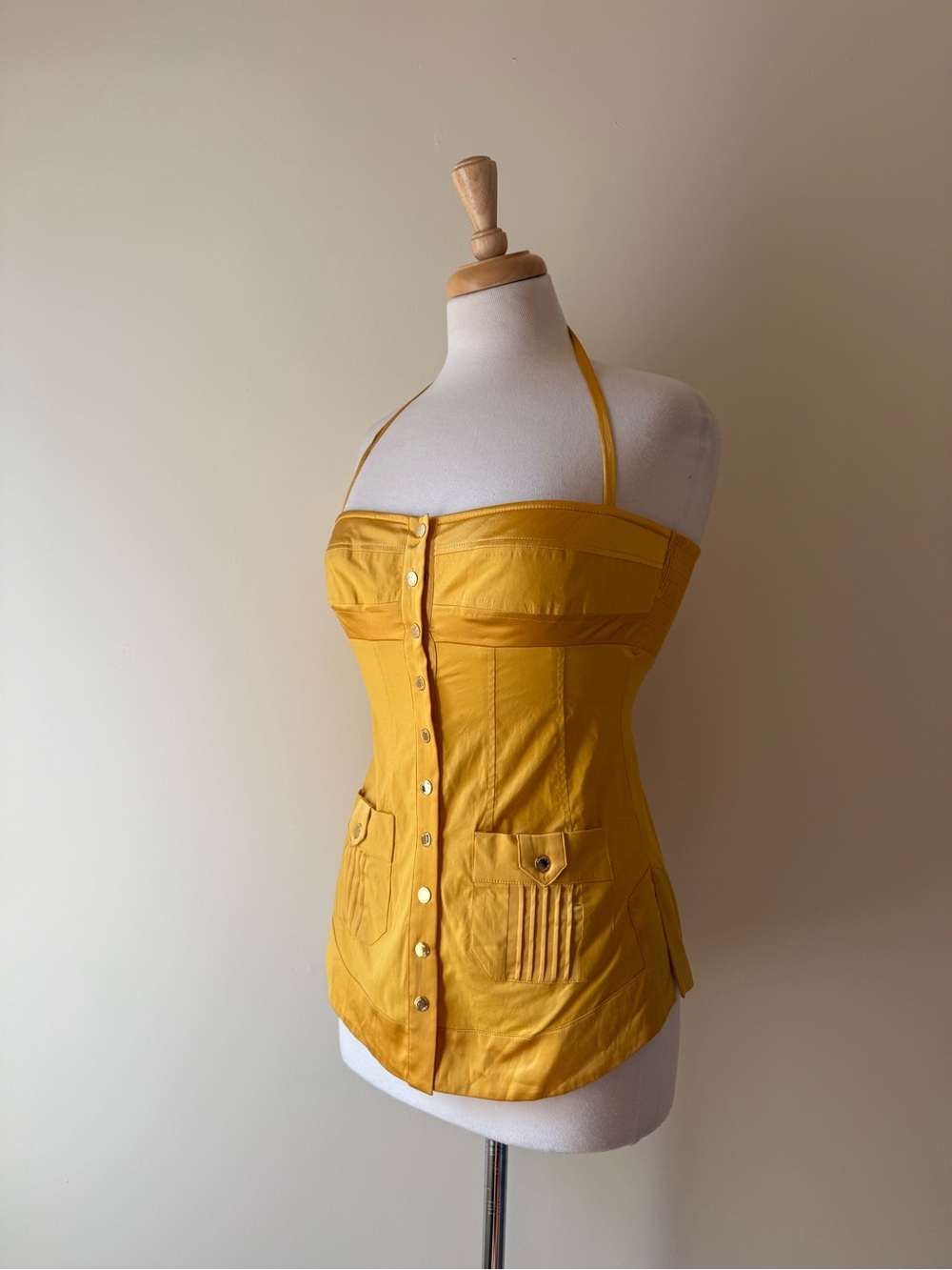 2b Bebe Y2K Mustard Yellow Halter Corset Utility Top Size S